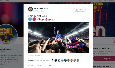 Tangkapan layar (screen capture) akun Twitter Barcelona, @fcbarcelona.