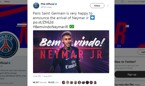 Tangkapan layar (screen capture) akun Twitter Paris Saint-Germain, @PSG_inside. PSG mengumumkan perekrutan Neymar dari Barcelona.