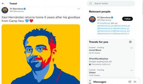 Tangkapan layar Twitter resmi Barcelona yang umumkan resmi rekrut Xavi Hernandez sebagai pelatih