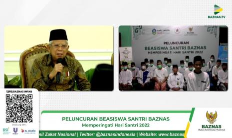 elang Pemilu, Wapres Minta Peran Santri Cegah Perpecahan. Foto: Tangkapan layar Wakil Presiden (Wapres) Maruf Amin meresmikan peluncuran beasiswa santri Badan Amil Zakat Nasional (Baznas), Sabtu (22/10). 