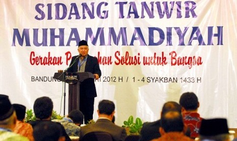 The Chairman of Muhammadiyah, Din Syamsuddin, during the closing ceremony of Muhammadiyah Convention  in Bandung, Sunday.  