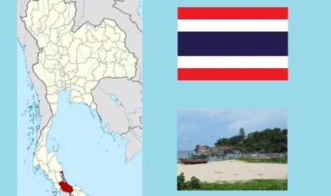 The map of Songkhla province (in red), Thailand's flag, and a fisherman village in Songkhla (illustration)