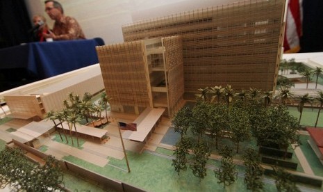 The planned new US embassy building is on display during a pers conference in Jakarta, recently.   