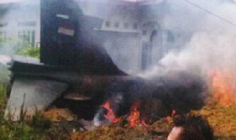 The smoke rises from the crashed Hawk-200 in Pekanbaru on Tuesday.  