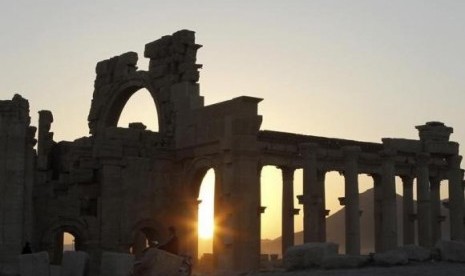 The sun sets behind ruined columns at the historical city of Palmyra, in the Syrian desert, some 240km (150 miles) northeast the capital of Damascus November 12, 2010.