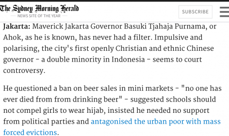 The Sydney Morning Herald featured Jakarta governor on Wednesday (10/19).