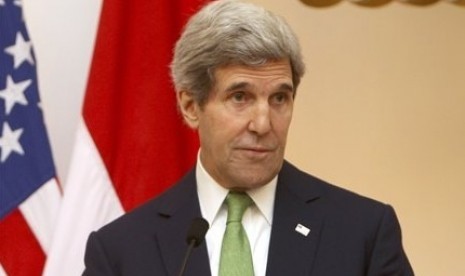 The visiting US Secretary of State John F Kerry talks during a press conference in Jakarta, on Monday.