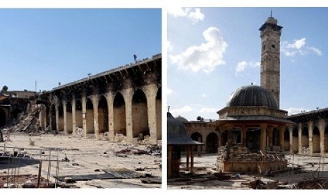 This combination of two citizen journalist images provided by Aleppo Media Center AMC which has been authenticated based on its contents and other AP reporting, shows at left: the damaged famed 12th century Umayyad mosque without the minaret, on Wednesday 