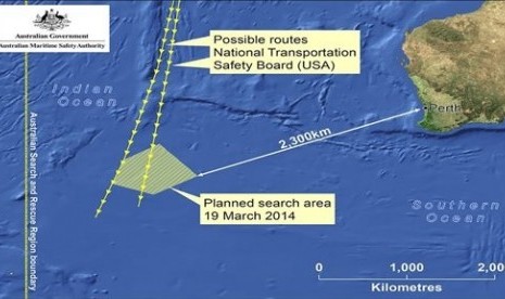 This graphic made Wednesday, March 19, 2014 and released by Australian Maritime Safety Authority (AMSA) Thursday, March 20, 2014, shows an area in the southern Indian Ocean.