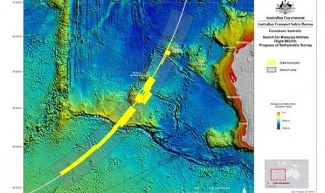 This map provided by The Australian Transport Safety Bureau shows the area surveyed so far which is marked in yellow in the search for the missing Malaysia Airlines Flight 370 in the southern Indian Ocean. 