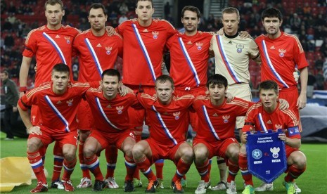  Tim nasional Rusia jelang laga persahabatan lawan Yunani di Stadion Karaiskaki, Piraeus, dekat Athena. 