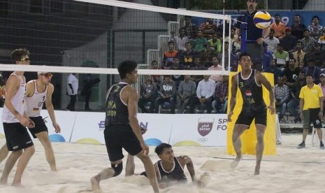 Tim Voli Pantai Indonesia, saat bertanding di World Beach Games 2019 di Doha Qatar. Indonesia akan menghadapi Australia di babak kedua yang menggunakan sistem gugur.