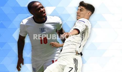 Penyerang timnas Inggris Raheem Sterling Vs gelandang timnas Jerman Kai Havertz (kanan).