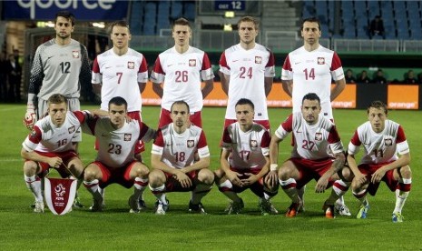 Timnas Polandia sebelum laga uji coba lawan Belarusia di Wiesbaden, Jerman, beberapa waktu lalu. 