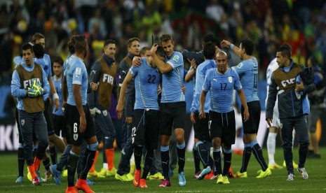 Timnas Uruguay merayakan keberhasilan lolos ke putaran final Piala Dunia 2022 Qatar.