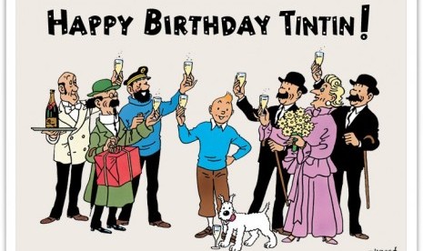 Tintin merayakan ulang tahun bersama teman-temannya.