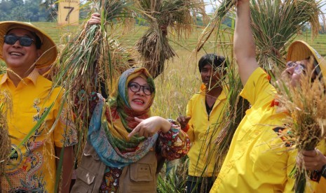 Tommy bersama Mbak Tutut pada sebuah acara panen raya padi.