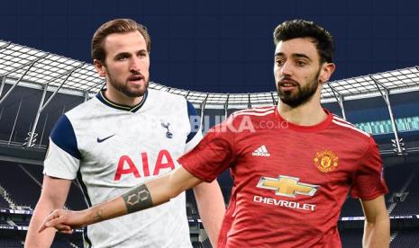 Striker Tottenham Hotspur Harry Kane Vs gelandang Manchester United Bruno Fernandes (kanan).