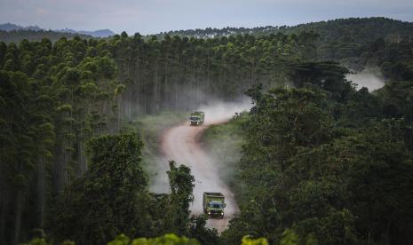 Truk melintas di lokasi Ibu Kota Negara (IKN) Nusantara Kabupaten Penajam Paser Utara, Kalimantan Timur, Selasa (4/10/2022). Dalam perhelatan World Economic Forum (WEF) 2023 di Davos, Swiss, Otorita Ibu Kota Negara (IKN) memaparkan peluang usaha bagi investor.