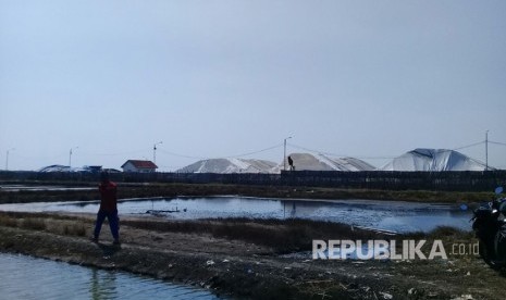 Tumpukan garam impor tampak menggunung di sebuah gudang yang terletak di dekat exit tol  Kanci, Kabupaten Cirebon, Ahad (30/7).