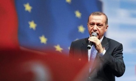 Turkey's Prime Minister Tayyip Erdogan stands on stage as he attends a political rally for members of the expatriate Turk community in Chassieu, near Lyon, June 21, 2014.