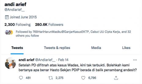 Deputi Badan Pemenangan Pemilu (Bappilu) DPP Partai Demokrat Kamhar Lakumani mengatakan, cuitan Ketua Bappilu Partai Demokrat Andi Arief yang menyebut Sekjen PDIP Hasto Kristiyanto sebagai pihak yang diduga berada di balik penambangan andesit tak tiba-tiba muncul dari ruang hampa. (Foto: Twitter Andi Arief)