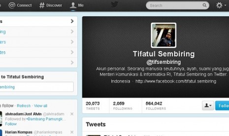 Twitter Menkominfo Tifatul Sembiring.