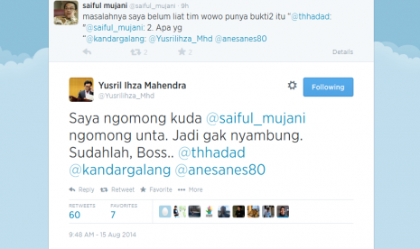 Twitwar antara pakar hukum tata negara Yusril Ihza Mahendra dan pengamat politik Saiful Mujani.