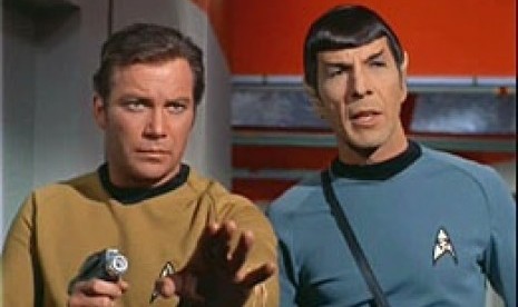 Two characters in Star Trek, Captain James T. Kirk and Commander Spock (illustration)