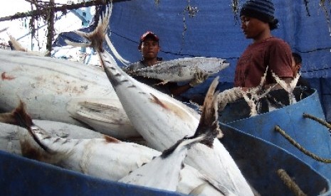 Two fishermen load the day's catch in Muara Baru, Jakarta. (file) 