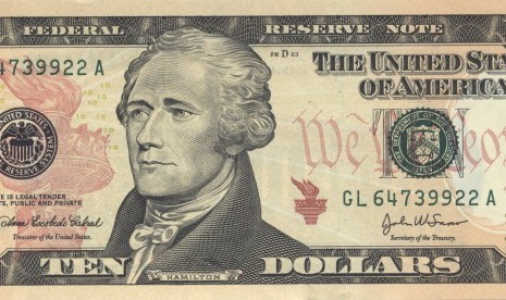 Uang kertas 10 dolar AS yang menampilkan Alexander Hamilton.