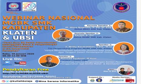 UBSI dan MGBK SMK Kota Klaten akan mengelar webinar nasional, Rabu (20/1).