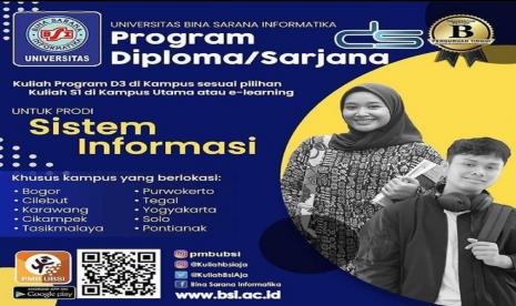 UBSI membuka program Diploma (D3) Plus Sarjana (S1) untuk Prodi Sistem Informasi.