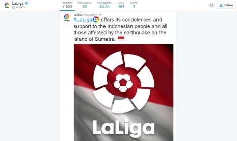 Ucapan belasungkawa dan dukungan dari La Liga kepada korban gempa di Aceh, Rabu (7/12).