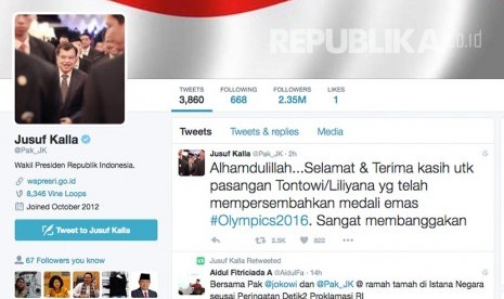 Ucapan selamat bagi Owi Butet di akun Twiiter Jusuf Kalla