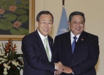 UN Secreatry General Bank Ki-moon (left) and President Susilo Bambang Yudhoyono in Bogor Presidential Palace, West Java, Tuesday. 