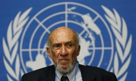 UN Special Rapporteur on occupied Palestine, Professor Richard Falk, addresses a news conference in Geneva on Friday.