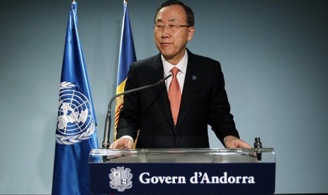 United Nations Secretary-General Ban Ki-moon speaks during a news conference in Andorra, April 2, 2013. Ban said on Tuesday that a crisis over North Korea had gone too far and urged dialogue and negotiation to resolve the situation. 