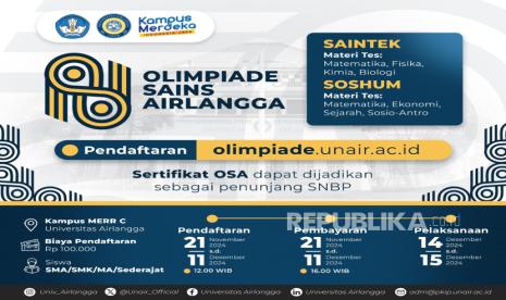 Universitas Airlangga (UNAIR) kembali menggelar Olimpiade Sains Airlangga (OSA) untuk siswa SMA/SMK/MA sederajat tingkat nasional.