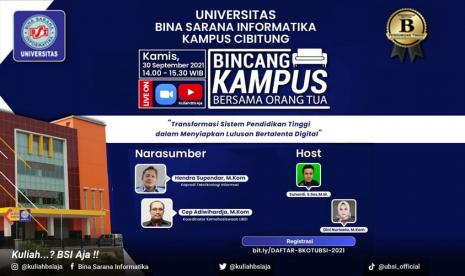 Universitas Bina Sarana Informatika (UBSI) kampus Cibitung rutin menyelenggarakan kegiatan Bincang Kampus bersama Orang Tua (BKOT), untuk menyambut mahasiswa baru (maba). Kegiatan ini sebagai bukti, sinergisitas kampus dengan orang tua maba.