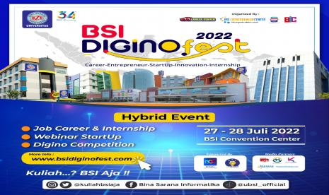 Universitas BSI akan mengadakan kegiatan DiginoFest di BSI Convention Center Kaliabang, Bekasi, secara hybrid (offline & online) pada 27-28 Juli 2022.