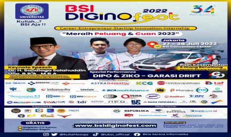 Universitas BSI (Bina Sarana Informatika) akan menggelar BSI Diginofest pada 27-28 Juli 2022.