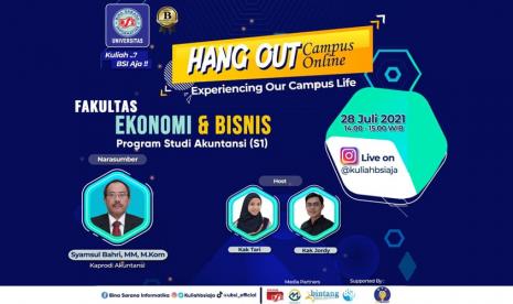 Universitas BSI (Bina Sarana Informatika) akan menggelar kegiatan HangOut Campus Online secara live di Instagram @kuliahbsiaja pada hari Rabu, 28 Juli 2021 pukul 14.00-15.00 Wib.