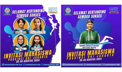 Universitas BSI (Bina Sarana Informatika) dengan bangga mengucapkan selamat bertanding kepada para mahasiswa yang terpilih mewakili universitas dalam Invitasi Mahasiswa Cabang Olahraga Terukur Tahun 2024.