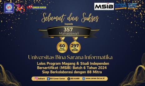 Universitas BSI (Bina Sarana Informatika) dengan penuh bangga mengumumkan keberhasilan 357 mahasiswa yang telah melalui seleksi ketat dan siap untuk menjalani kolaborasi dengan 88 mitra Program Magang dan Studi Independen Bersertifikat (MSIB) dari Batch 6. Dari jumlah tersebut, 60 mahasiswa akan mengikuti program Magang Bersertifikat, sementara 297 mahasiswa lainnya akan mengikuti program Studi Independen Bersertifikat.