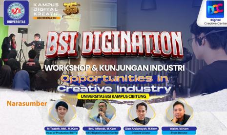 Universitas BSI (Bina Sarana Informatika) kampus Cibitung akan menggelar BSI Digination 2023. Acara ini akan berlangsung dua hari yaitu pada Jumat dan Senin, 17 dan 20 Maret 2023 pukul 08.00-12.00 Wib yang bertempat di Aula Universitas BSI kampus Cibitung. 