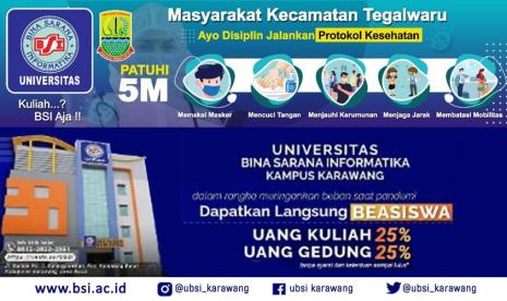 Universitas BSI (Bina Sarana Informatika) kampus Karawang, bekerja sama dengan Pemerintah Daerah Kabupaten Karawang melalui Tim Satgas Penanganan Covid-19 melakukan sosialisasi protokol kesehatan.