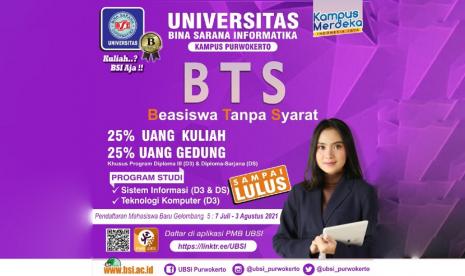  Universitas BSI (Bina Sarana Informatika) kampus Purwokerto memberikan beasiswa pada setiap calon mahasiswa yang ingin menempuh pendidikan.