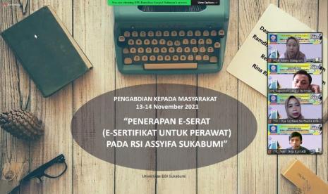 Universitas BSI (Bina Sarana Informatika) kampus Sukabumi menggelar pelatihan penggunaan Aplikasi E-Serat pada Rumah Sakit Islam (RSI) Assiifa, Sukabumi. Kegiatan yang dilaksanakan secara daring ini, melibatkan komponen perawat dan karyawan dari RSI Assyifa Sukabumi yang dilaksanakan pada hari, Sabtu dan Ahad , 13-14 November 2021.