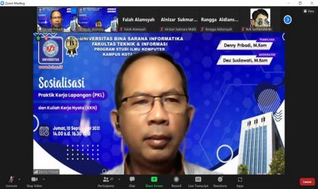 Universitas BSI (Bina Sarana Informatika) kampus Sukabumi, sukses menggelar Sosialisasi Praktik Kerja Lapangan (PKL) dan Kuliah Kerja Nyata (KKN) bagi Mahasiswa Semester 7.  Kegiatan  ini digelar secara daring, melalui zoom pada, Jum’at (10/11) pukul 14.00–16.30 WIB. Dipandu oleh Desi Susilawati, sosialisasi ini menghadirkan Denny Pribadi selaku Kaprodi Ilmu Komputer Universitas BSI kampus Sukabumi. 